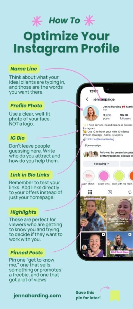 Infographic Image Showing How to Optimize Your Instagram Profile | Jenna Harding 