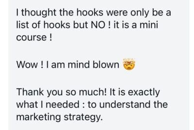 Screenshot of Testimonial bout the 50 Hooks Bootcamp Content | Jenna Harding 